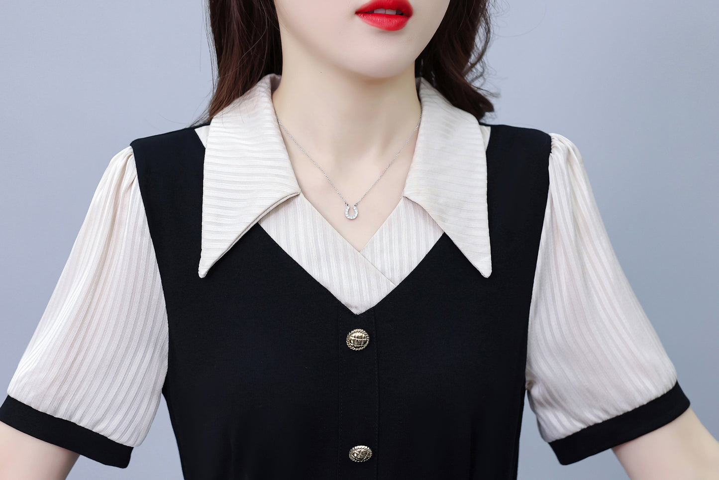Women's Lapel V-Neck Pocket Short Sleeve Midi Dress - LAI MENG FIVE CATS