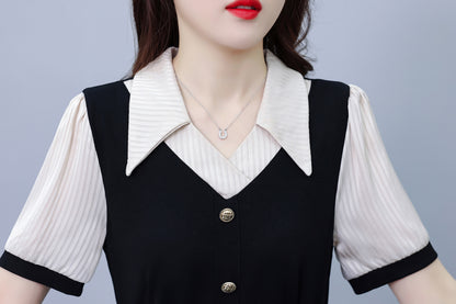 Women's Lapel V-Neck Pocket Short Sleeve Midi Dress - LAI MENG FIVE CATS