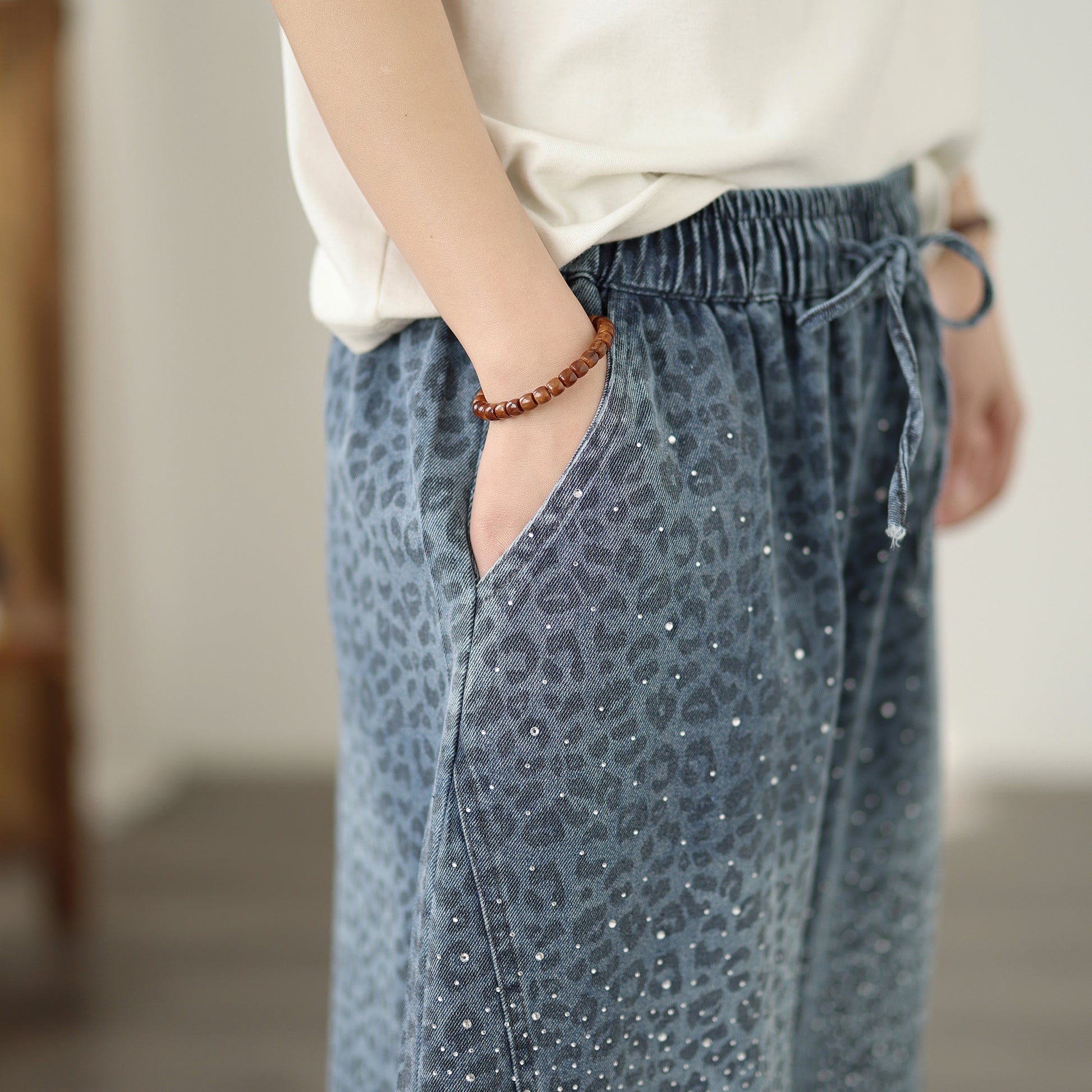 26-Women's Baggy Jeans Elastic Waist Loose Denim Pants - LAI MENG FIVE CATS