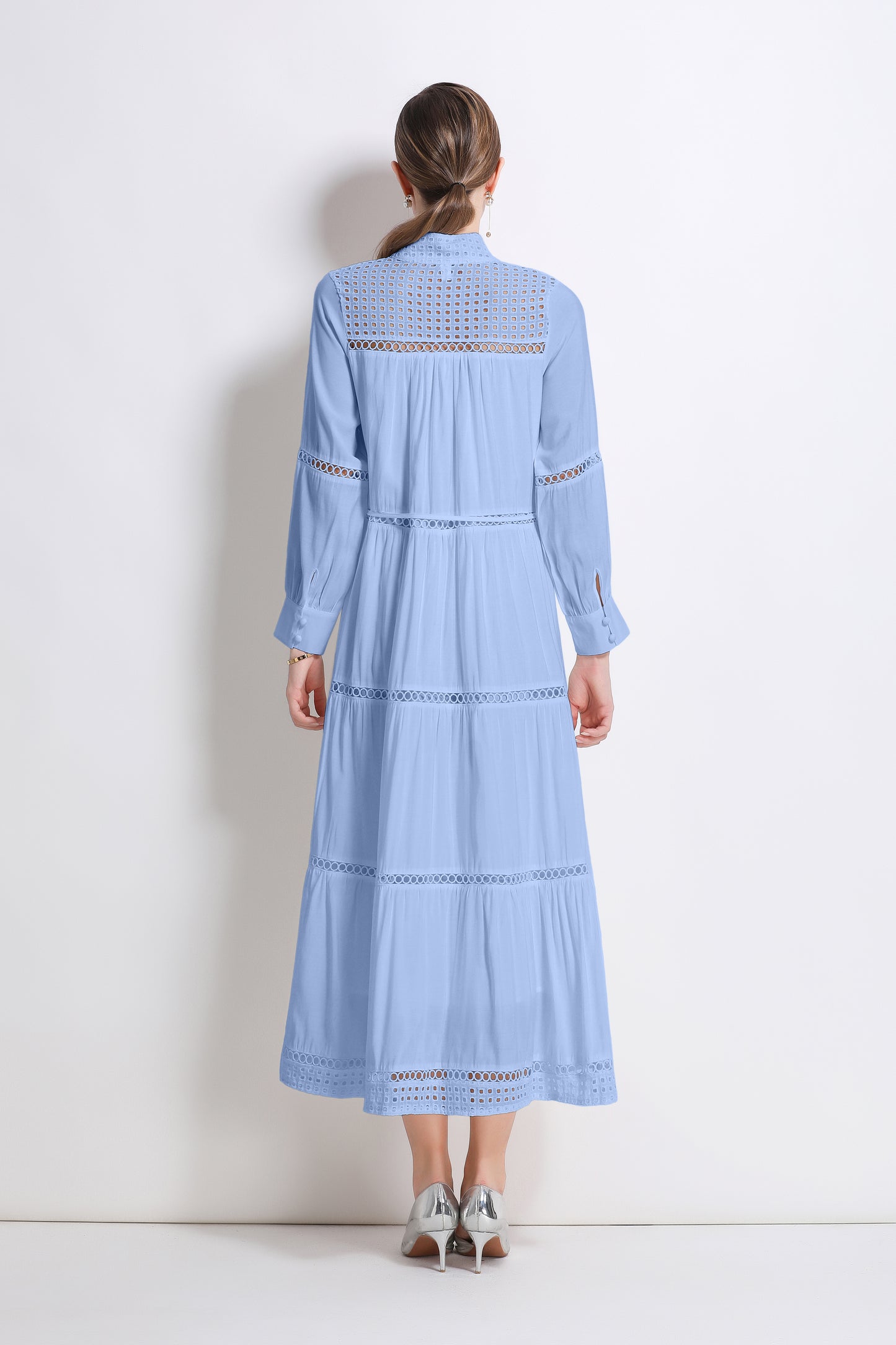 Women's Hollow Out Lace Button Long Sleeve Maxi Dress