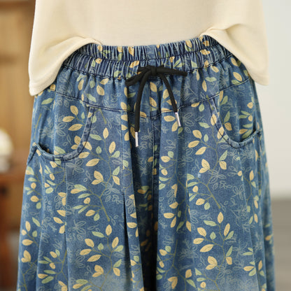 26-Women's Jeans Elastic Waist Baggy Wide Leg Denim - LAI MENG FIVE CATS