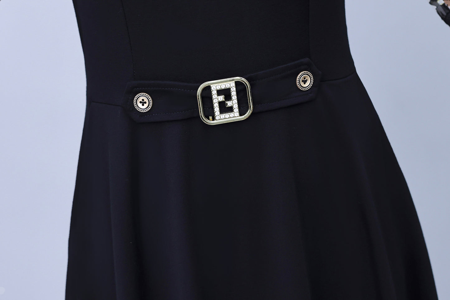 Women's V-Neck Long Sleeve Patchwork Black Dress