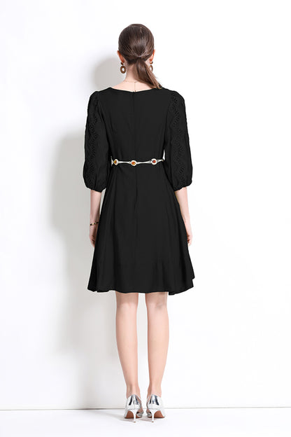 Women's Puff Sleeves V-Neck Hollow Embroidery Mini Dress