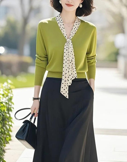 Women's Tie V-Neck Sweater Solid Color Pullover Tops