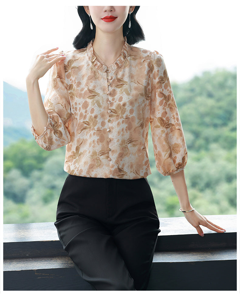 Women's Floral Print Ruffle Button Loose Blouses Top