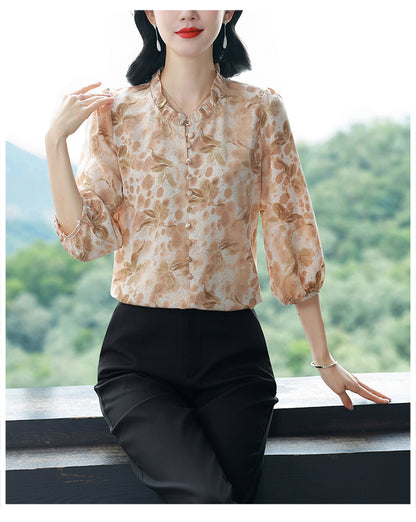 Women's Floral Print Ruffle Button Loose Blouses Top