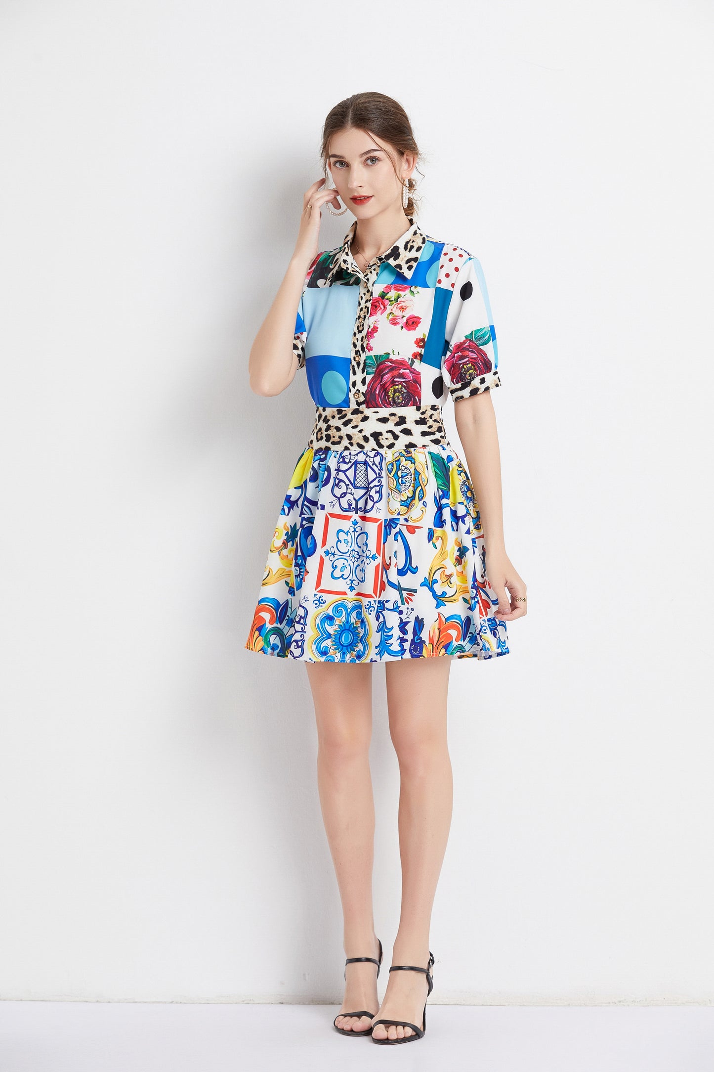 SSY-Women's 2 Piece Skirt Set Floral Short Sleeve Short Dress