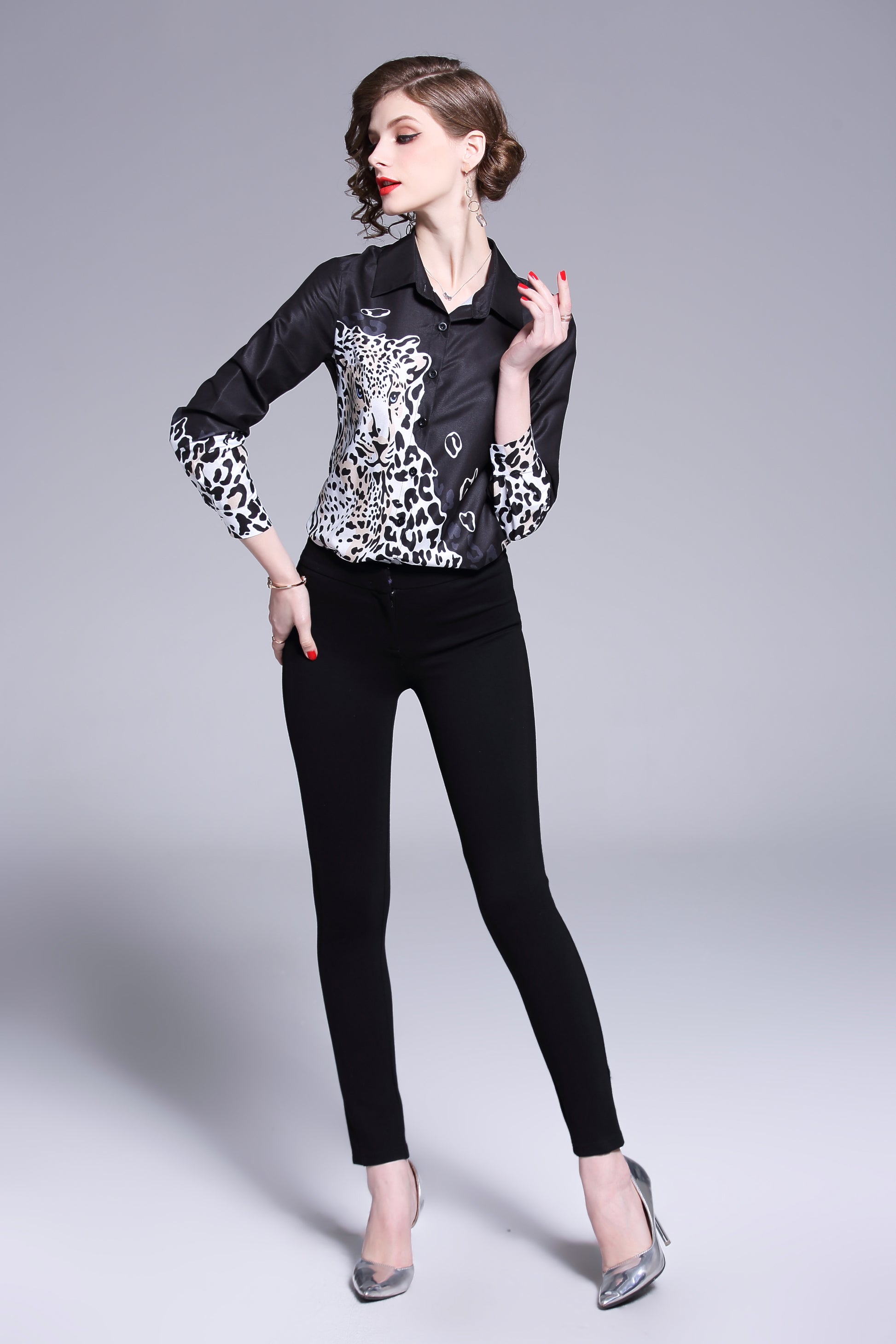 ESY-Women's Shirt Print Long Sleeve Button Blouse - LAI MENG FIVE CATS