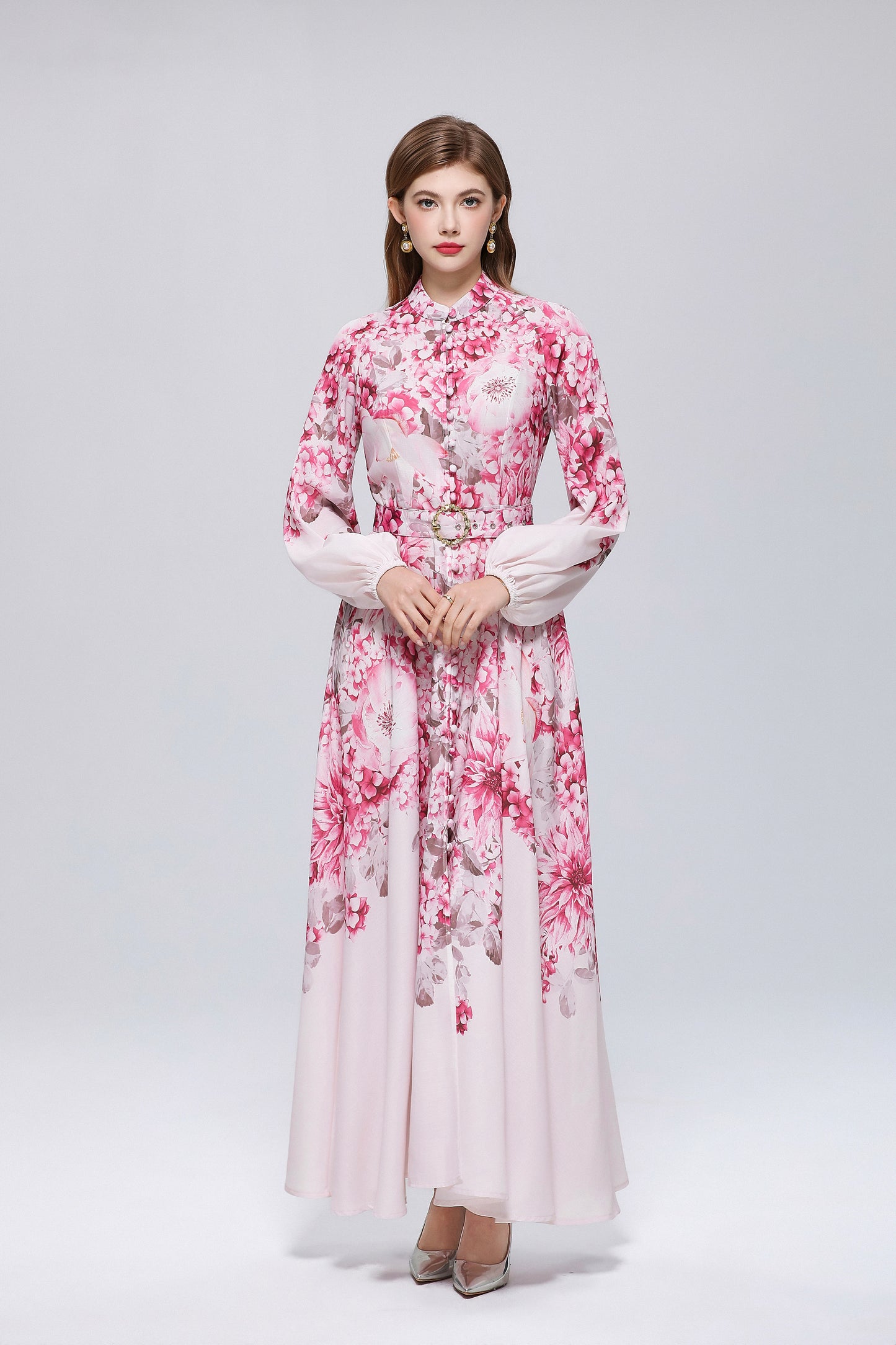 26-Women Floral Print Button Flowy Maxi Belt Dress