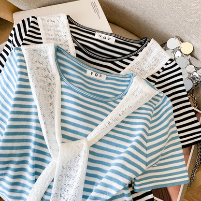 Coastal Stripe Knit Top with Scarf Tie Detail – Lightweight Summer Essential