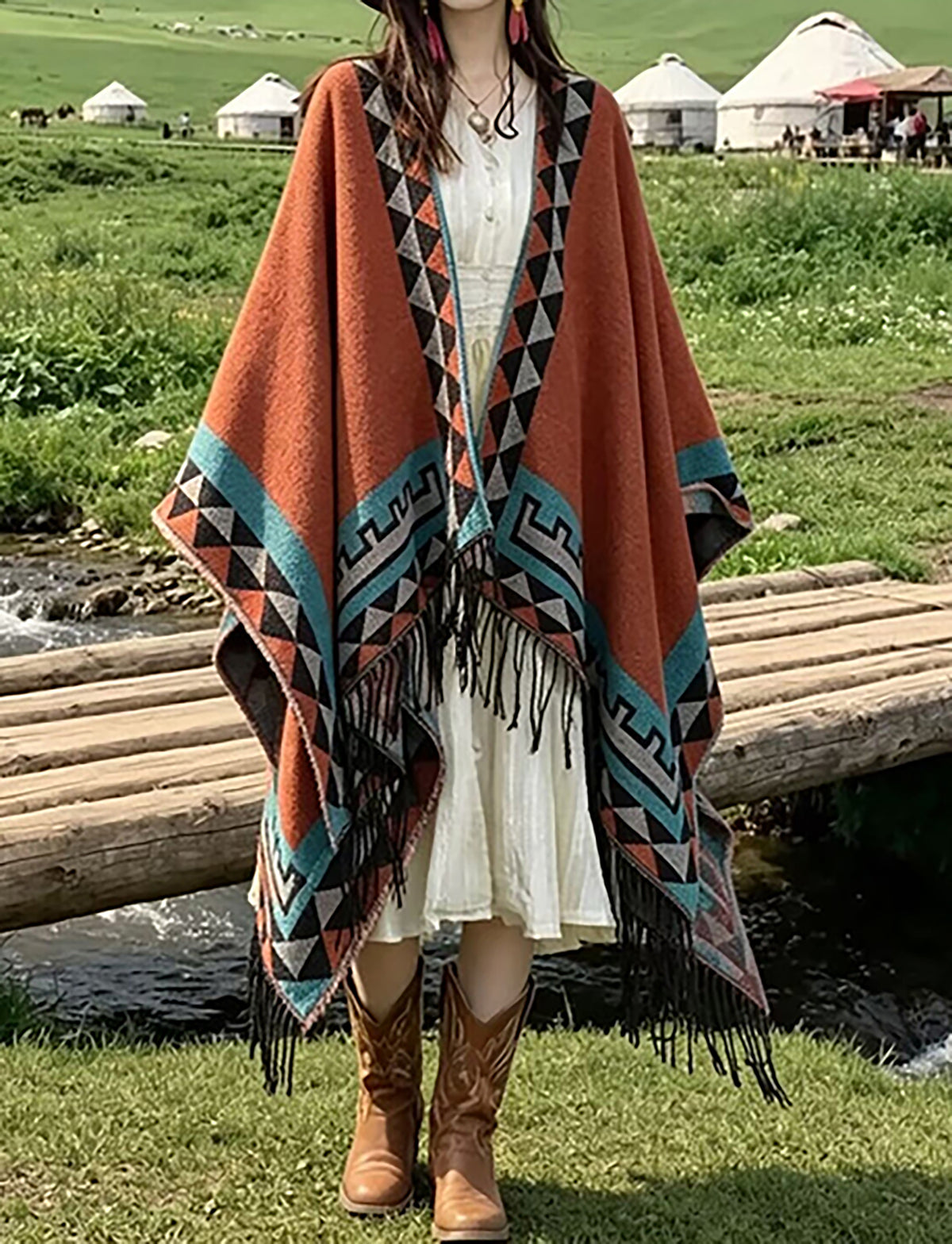 28690-Women's Printed Fringe Travel Shawl – Rust & Teal - LAI MENG FIVE CATS