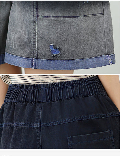 Women's Baggy Pull On Jeans Ripped Denim Shorts - LAI MENG FIVE CATS