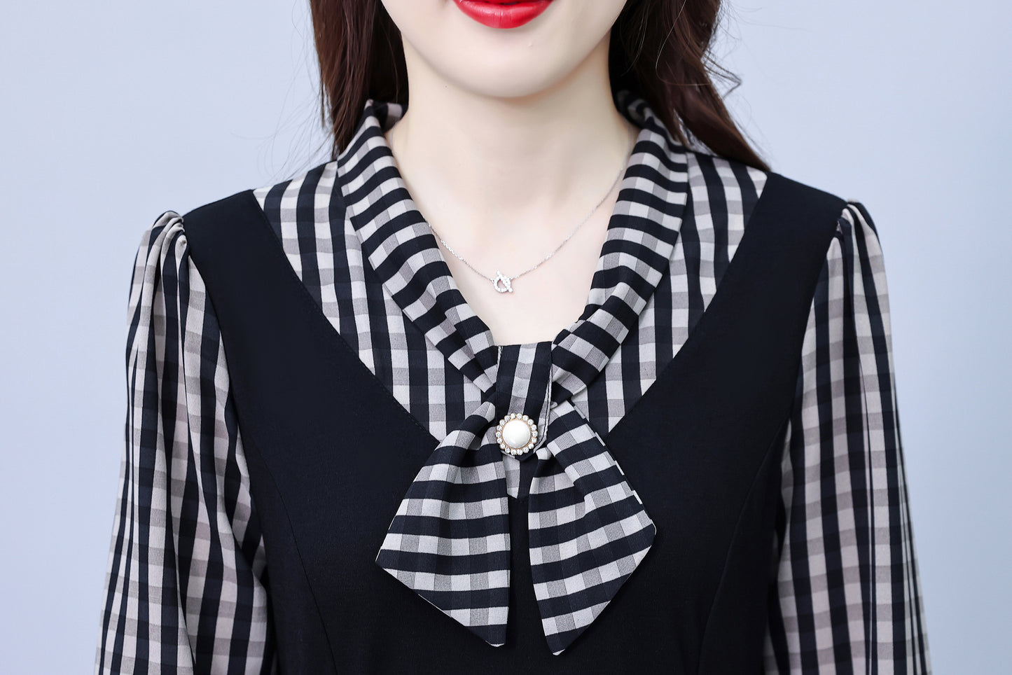 Women's Elegant Tie Neck Long Sleeve Black Dress