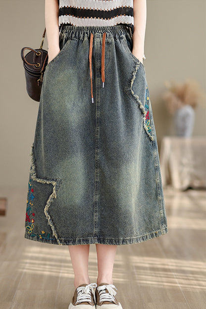 Women's Denim Drawstring Waist Pockets Jean Skirt