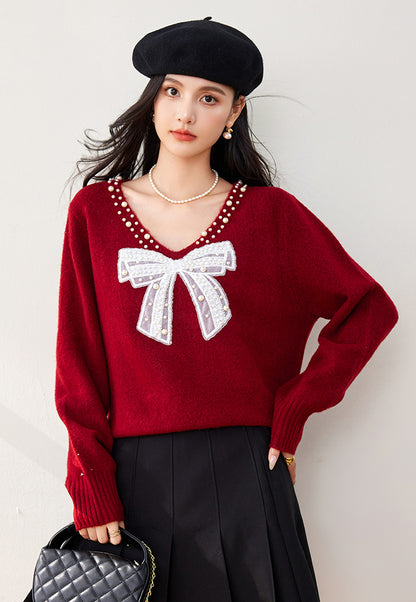 SD-Bow Sparkling Beads Pullover Sweater