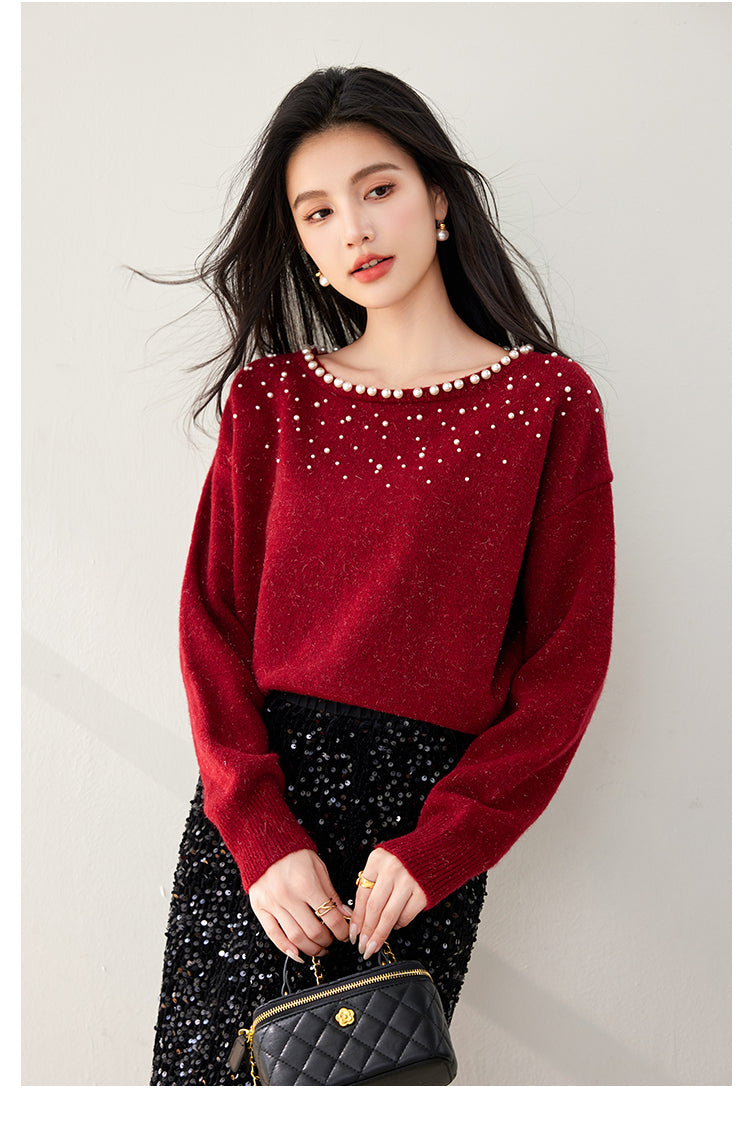 SD-Off Shoulder Shining Beads Pullover Sweater