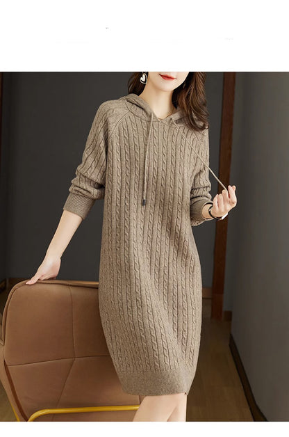 Women's Cable Knit Sweater Hoodie Midi Dress