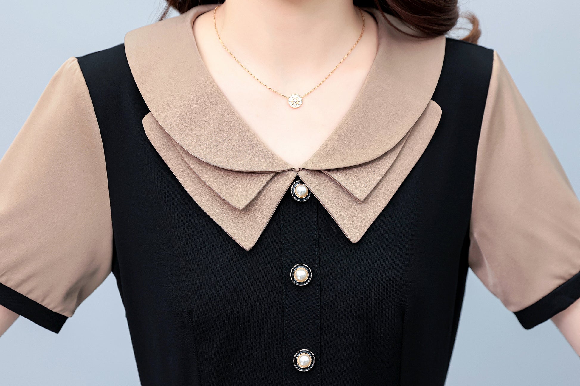 26-Women's Peter Pan Collar Short Sleeve Midi Dress - LAI MENG FIVE CATS