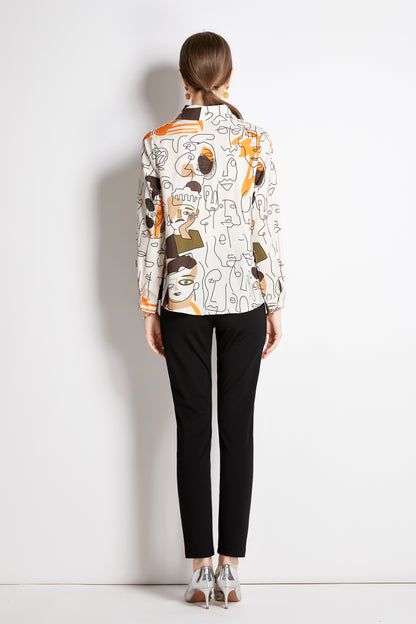 ESY-Women's Long Sleeve Lapel Collar Print Button Blouse