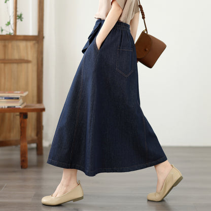 Bow Waist Denim Midi Skirt – Dark Wash Quiet Luxury Skirt