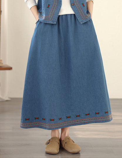 Women's Embroidered Elastic Waist Denim Jean Maxi Skirt Pocket - LAI MENG FIVE CATS