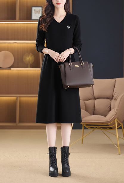 Women's Sweater V Neck Knit  High Waist Midi Dress