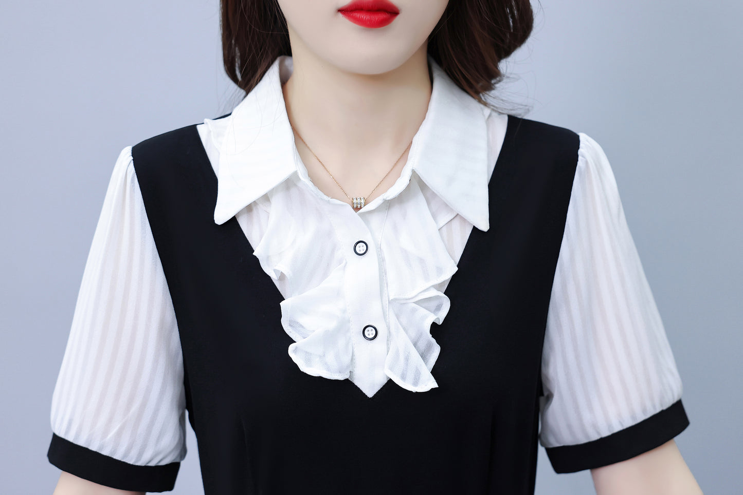 Women's Lapel V-Neck Pocket Short Sleeve Midi Dress - LAI MENG FIVE CATS