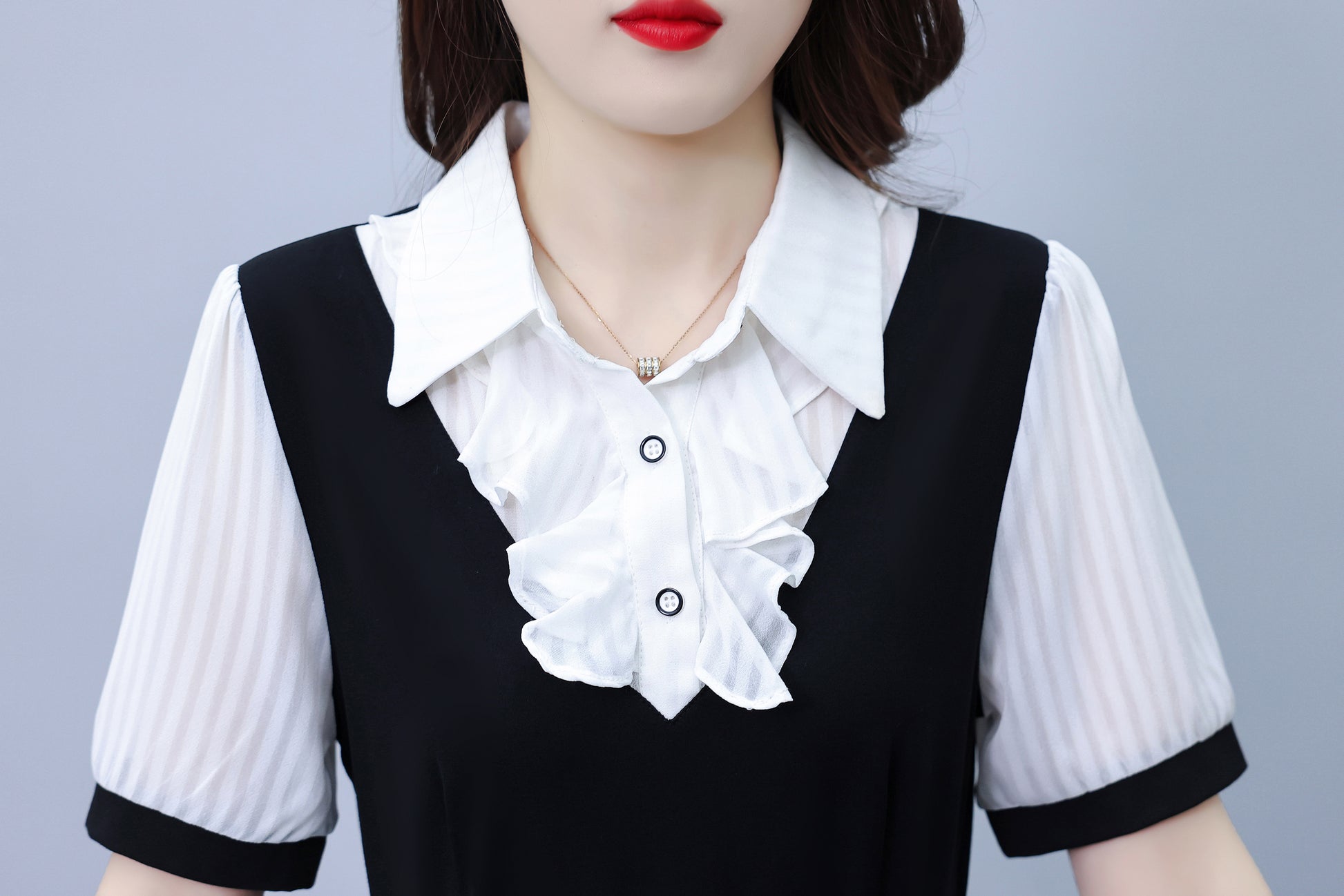 Women's Lapel V-Neck Pocket Short Sleeve Midi Dress - LAI MENG FIVE CATS