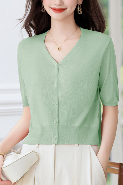 Women's Short Sleeve Ribbed Knit Cardigan Tops