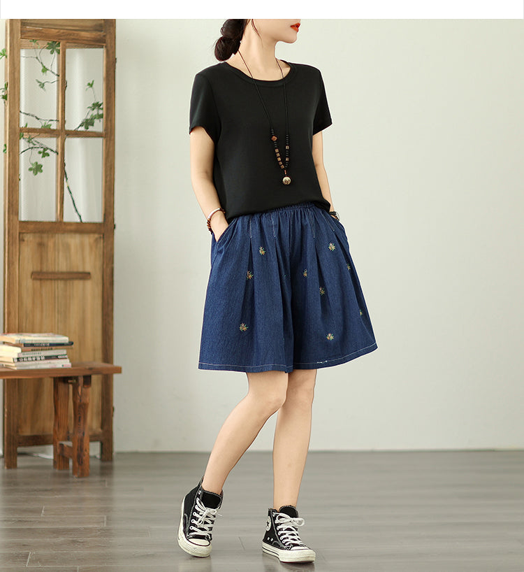 Women's High Waisted Baggy Jean Wide Leg Denim Shorts - LAI MENG FIVE CATS
