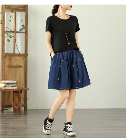 Women's High Waisted Baggy Jean Wide Leg Denim Shorts - LAI MENG FIVE CATS