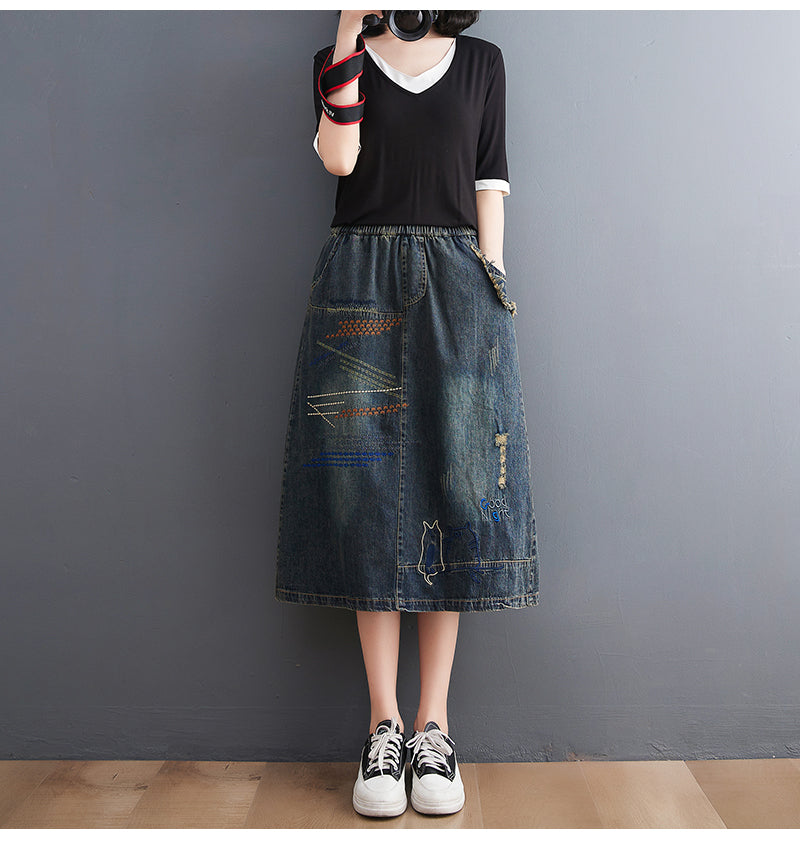 Women's Denim Drawstring Waist Pockets Jean Skirt