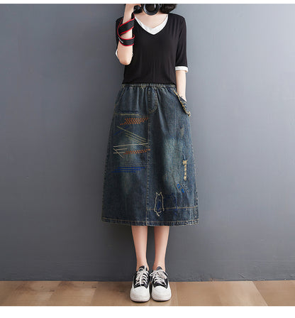 Women's Denim Drawstring Waist Pockets Jean Skirt