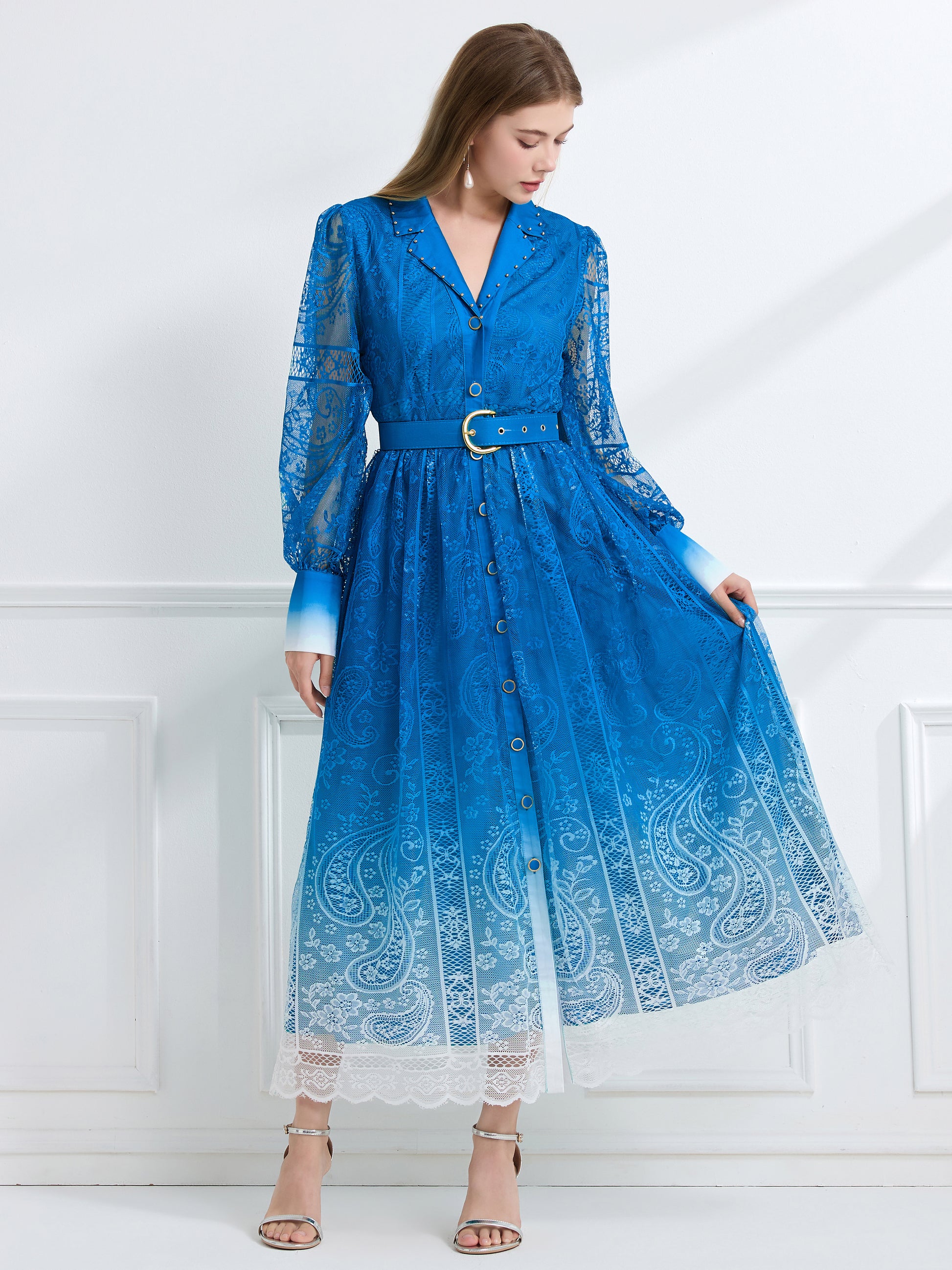 Women's V-Neck Button Lace Maxi Dress - LAI MENG FIVE CATS