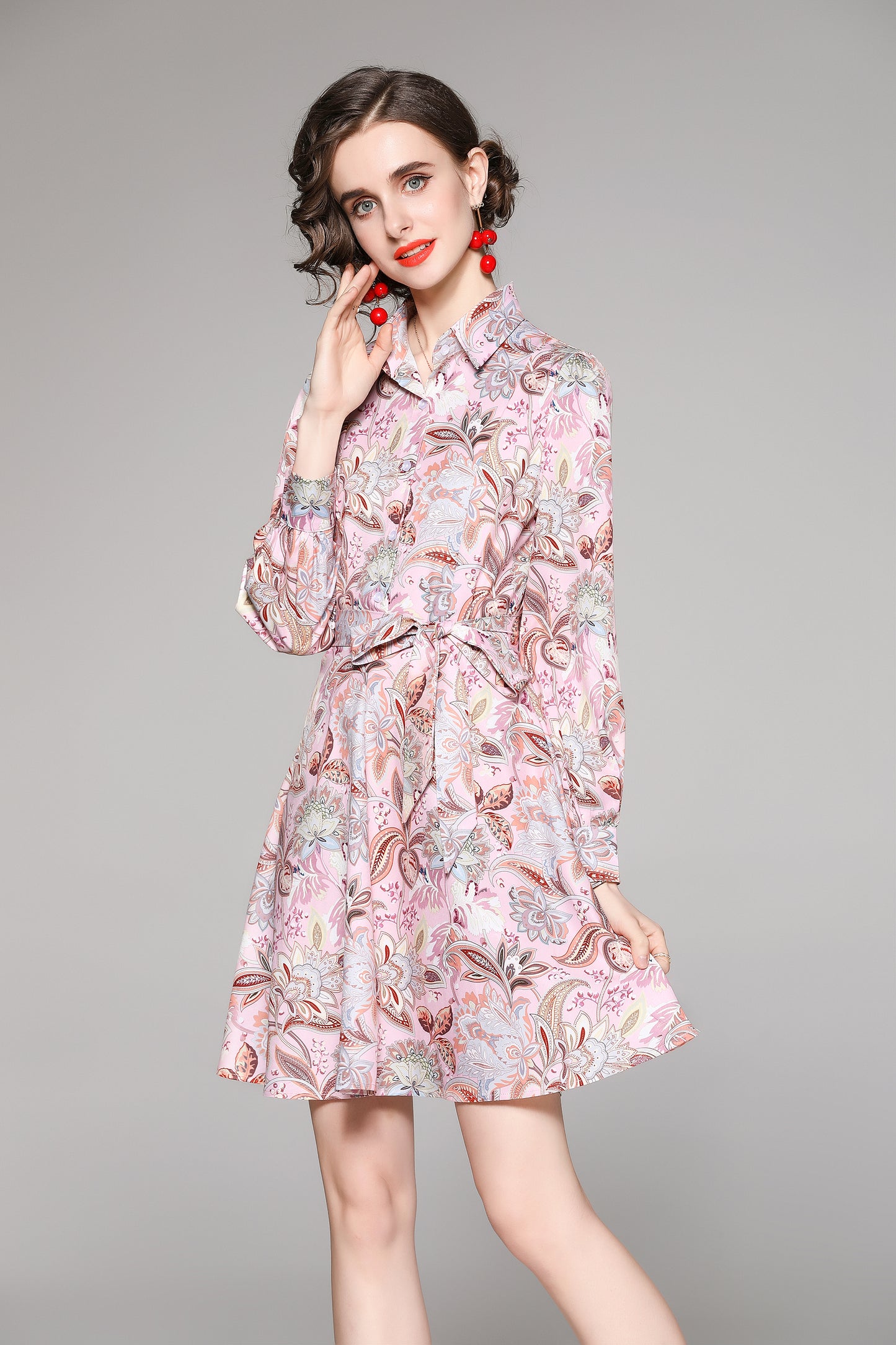 SSY-Women's Long Sleeve Lapel Collar Floral Mini Dress