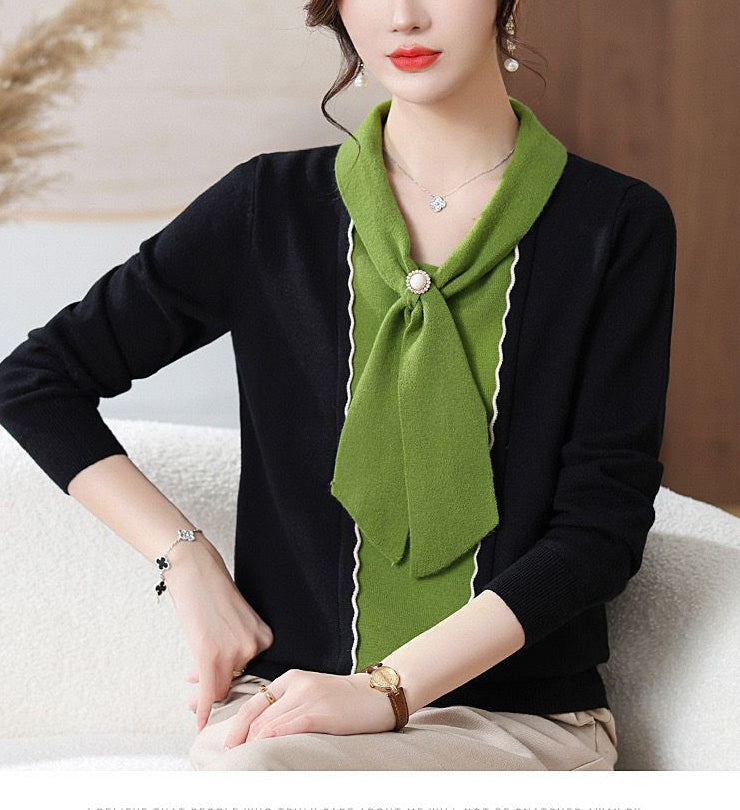 Women's Tie Neck Sweater Color Block Knit Pullover Tops