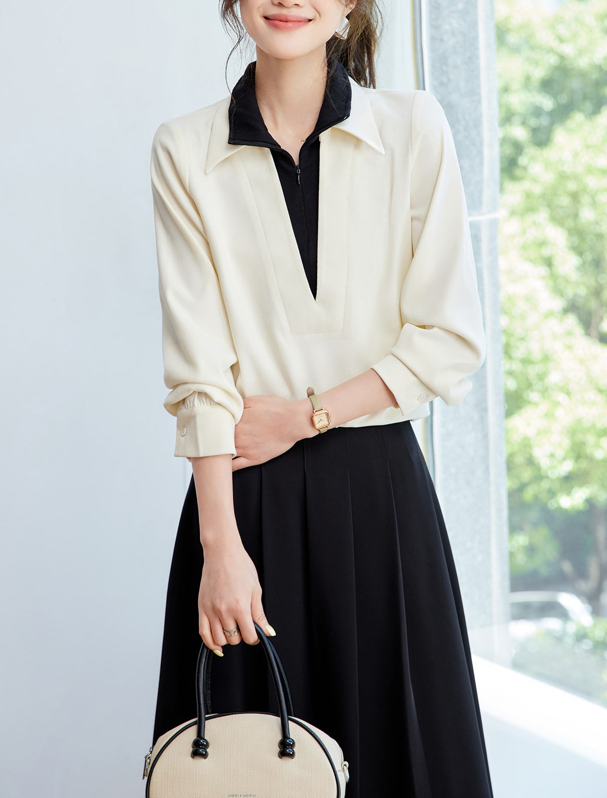 Color Block V-Neck Blouse - Contrast Half-Zip Lapel Collar Elegant Top