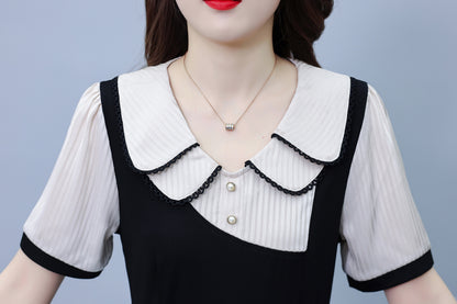 Women's Peter Pan Collar Short Sleeve Pocket Midi Dress - LAI MENG FIVE CATS