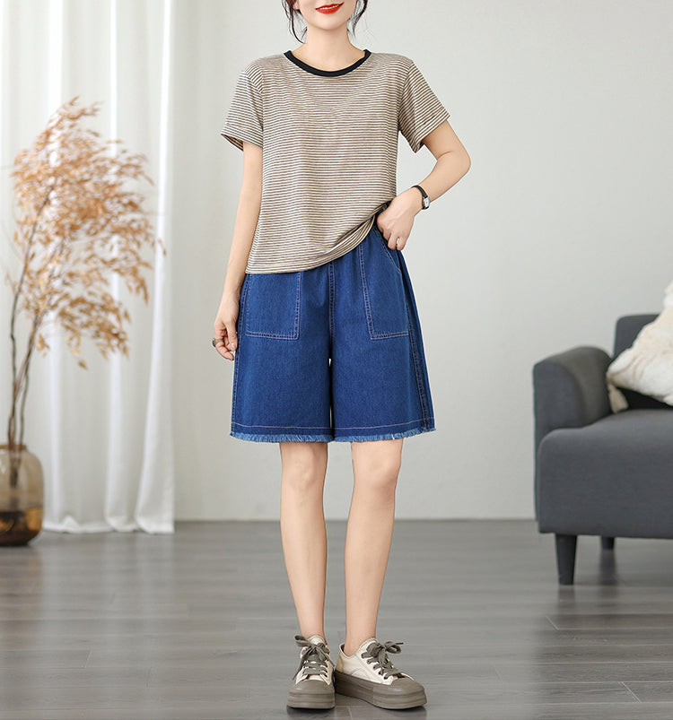 Women's High Waisted Baggy Jean Wide Leg Denim Shorts - LAI MENG FIVE CATS