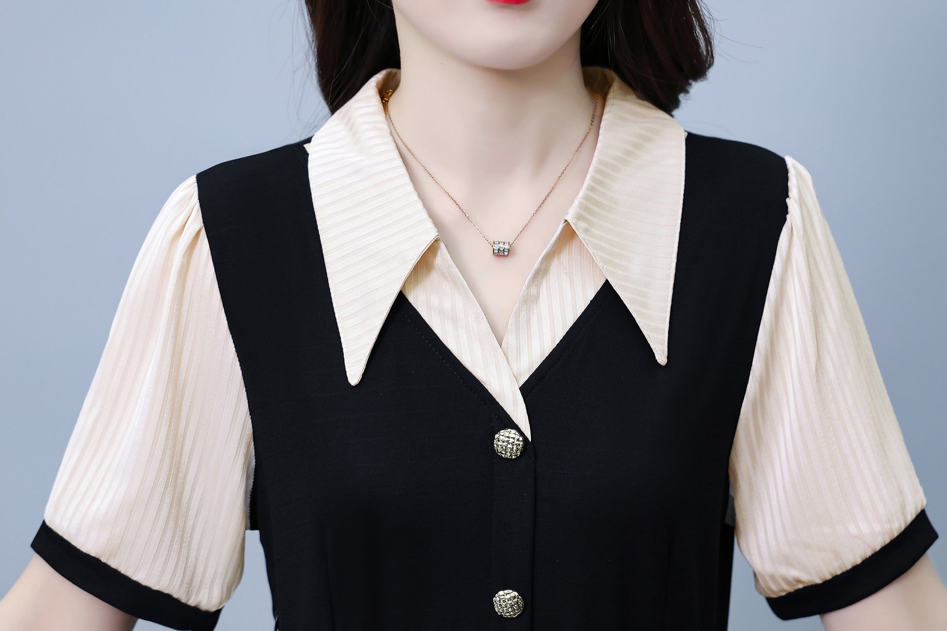 Women's Lapel V-Neck Pocket Short Sleeve Midi Dress - LAI MENG FIVE CATS