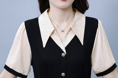 Women's Lapel V-Neck Pocket Short Sleeve Midi Dress - LAI MENG FIVE CATS