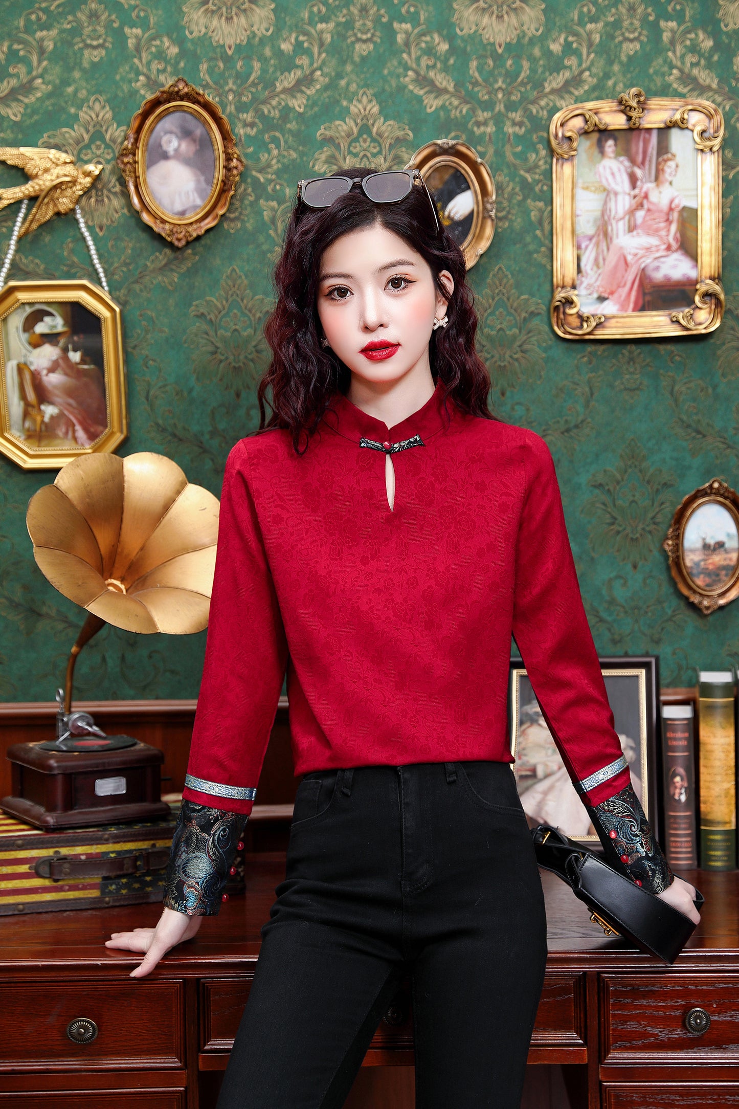 Women's Silk Satin Mandarin Collar Long Sleeve Blouse Top - LAI MENG FIVE CATS