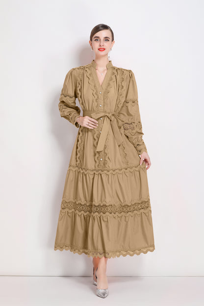 Women's V-Neck Puff Sleeve Lace Tiered Maxi Dress