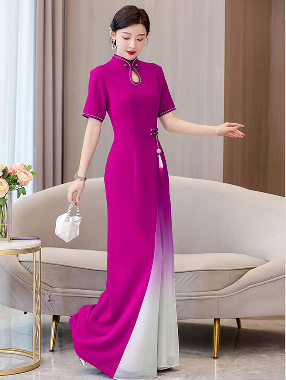 Women's Cheongsam Short Sleeve Qipao Long Dress