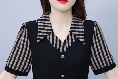 Women's Lapel V-Neck Pocket Short Sleeve Midi Dress - LAI MENG FIVE CATS