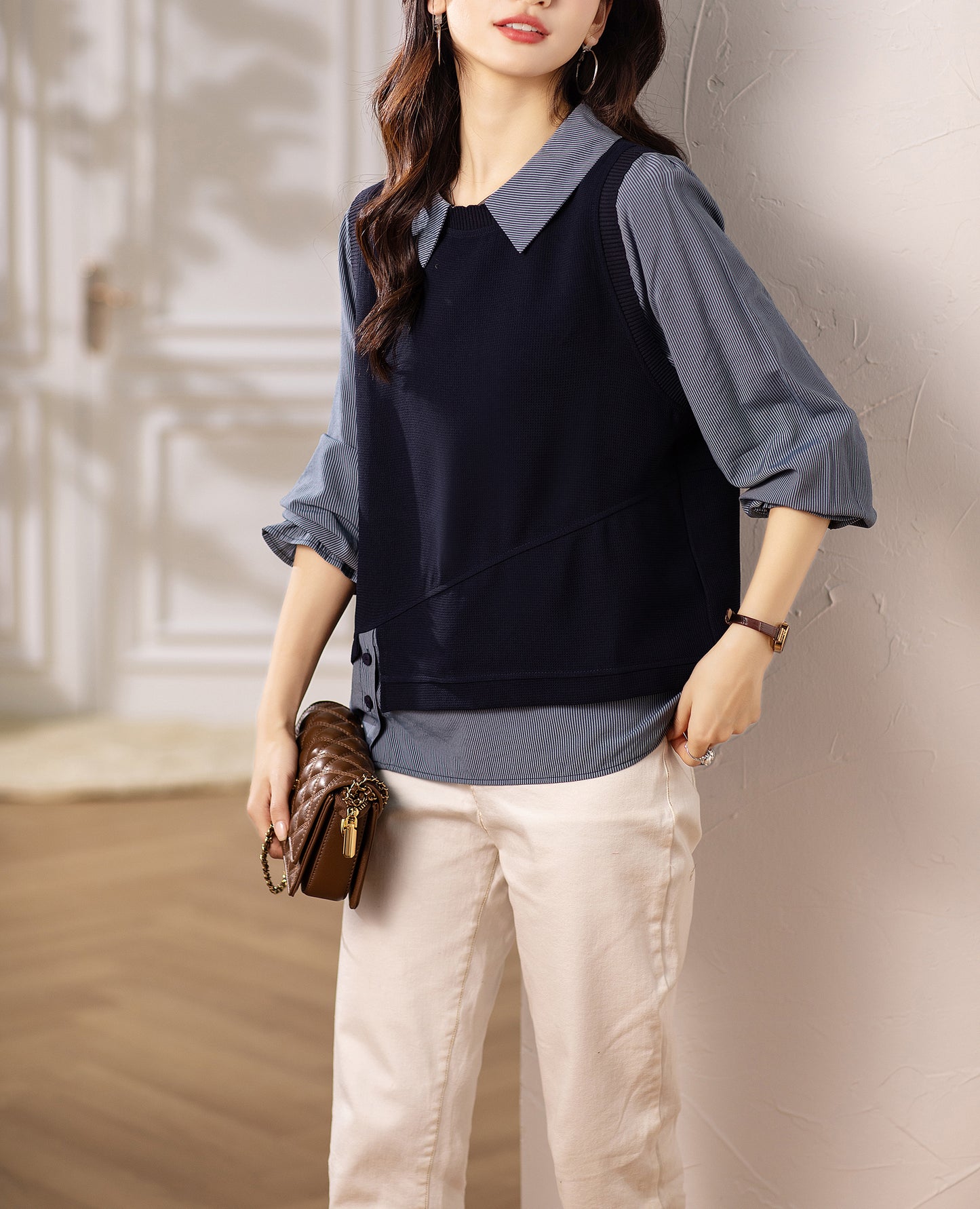 Women's Layered Knit Top | Lightweight Early Fall Collared Sweater Blouse