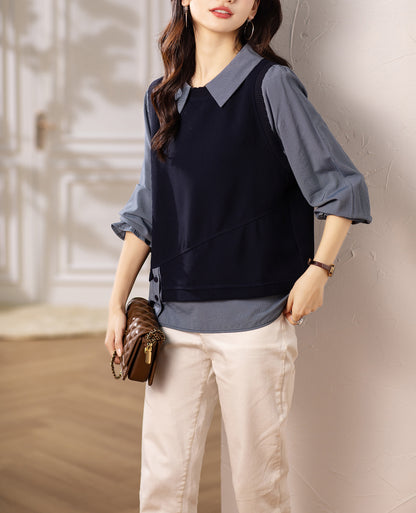 Women's Layered Knit Top | Lightweight Early Fall Collared Sweater Blouse
