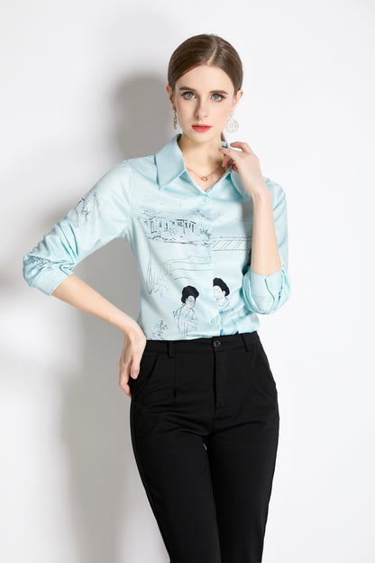 ESY-Women's Long Sleeve Lapel Collar Print Button Blouse