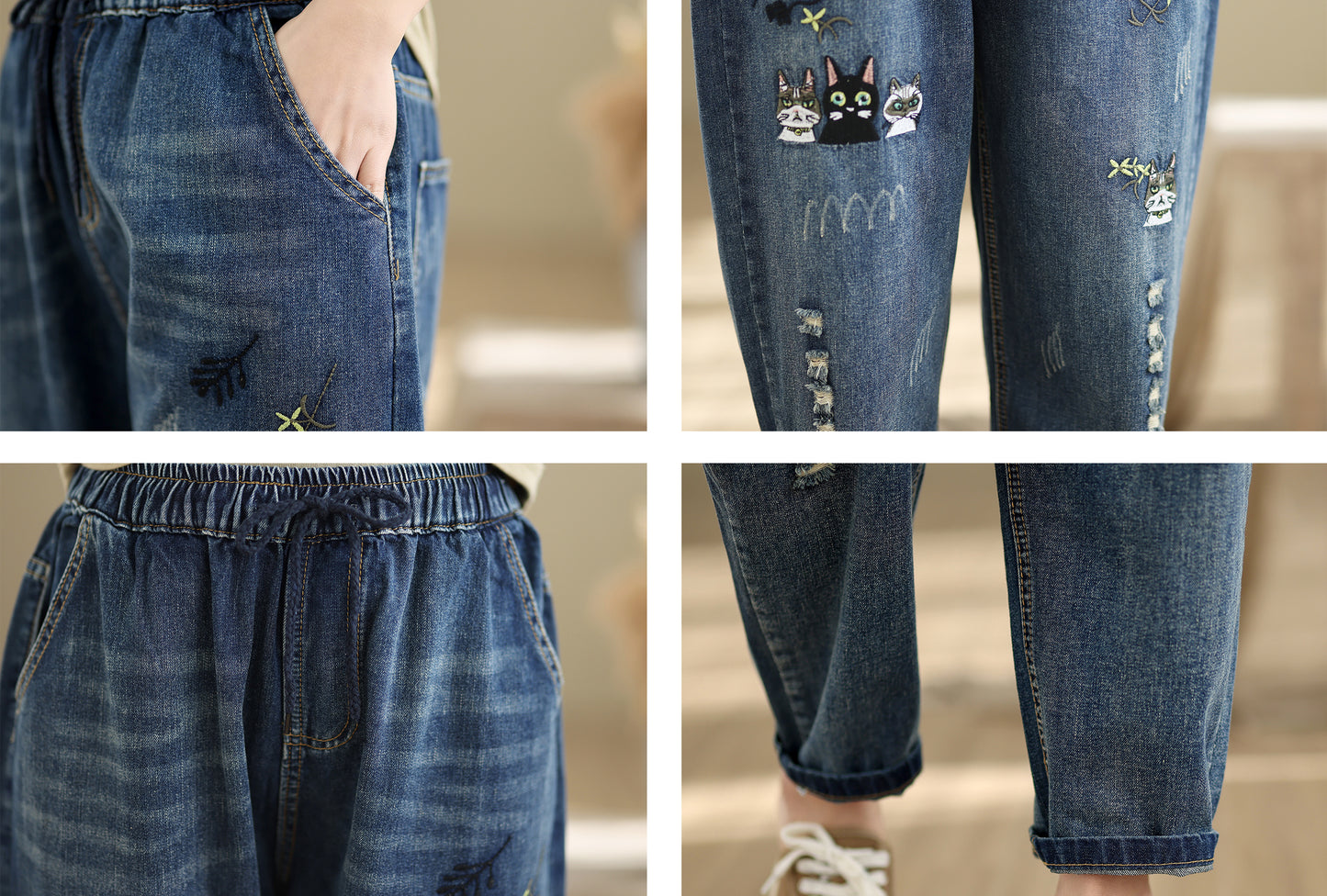 Women Jeans Denim Loose Pants Elastic Waist with Pocket