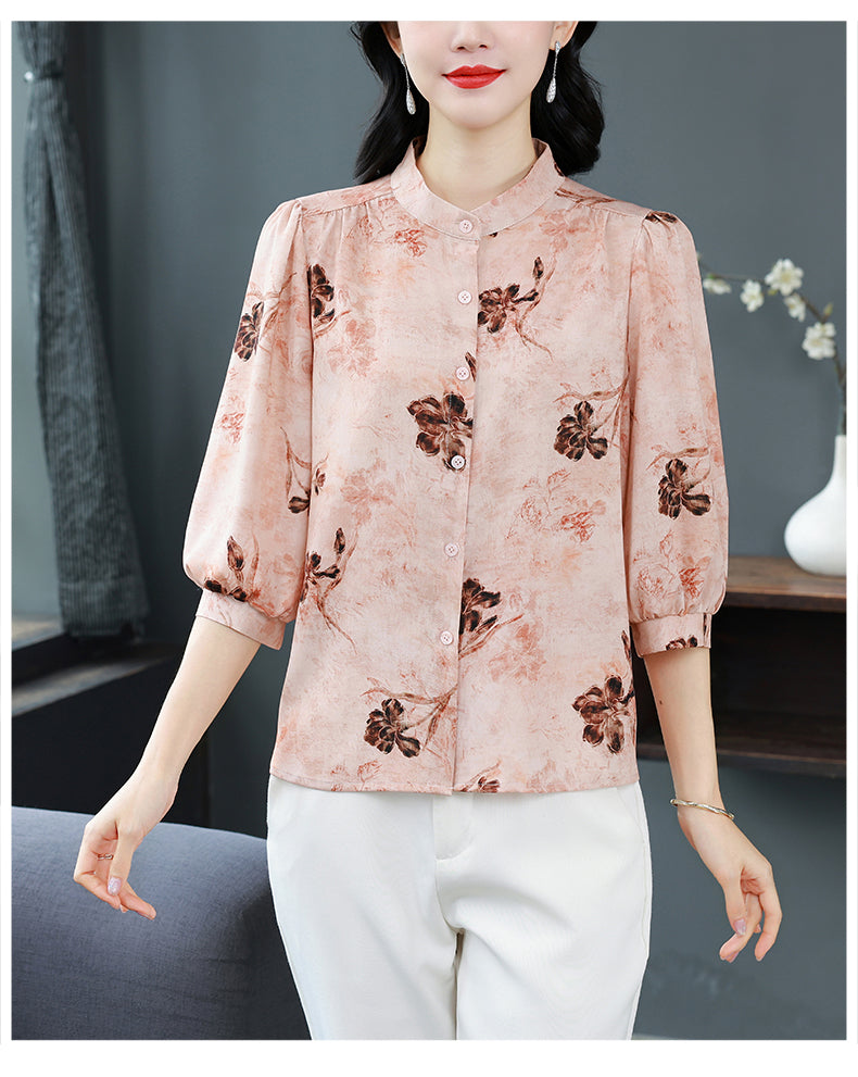 Women's Chinese Style Silk Satin  Button Jacquard Blouse